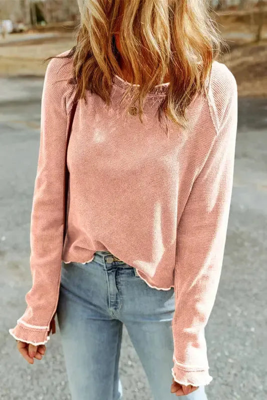 Textured Round Neck Long Sleeve Top - Fashionfitz