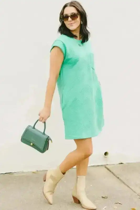 Textured T-Shirt Dress - Mint Green Cap Sleeve - Fashionfitz