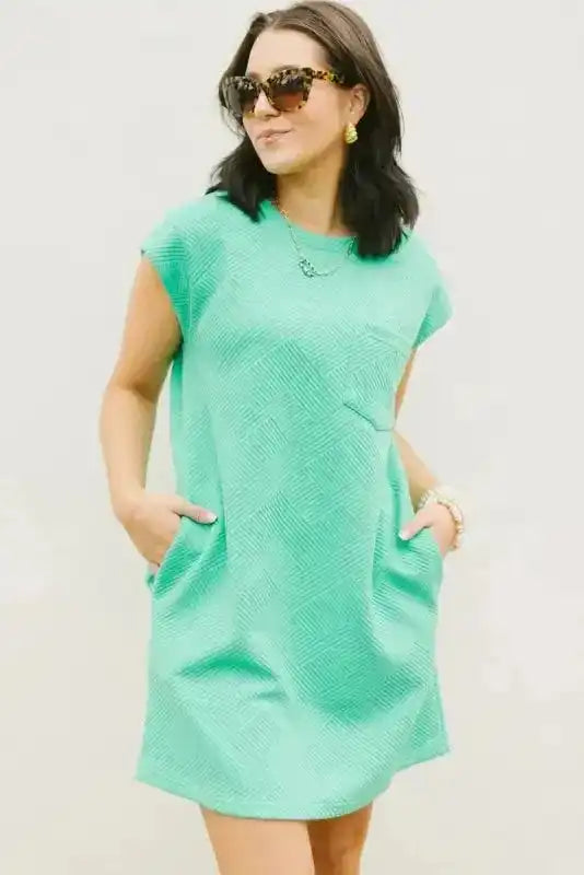 Textured T-Shirt Dress - Mint Green Cap Sleeve - Fashionfitz