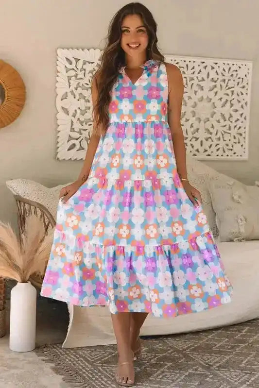 Tiered Maxi Dress - Sky Blue Floral Sleeveless - Fashionfitz
