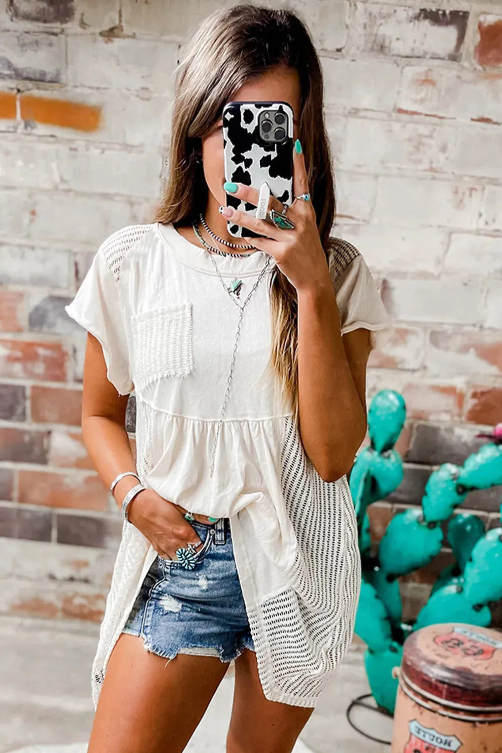 White Hollow Knit Splicing Keyhole Back Tunic Top - Fashionfitz