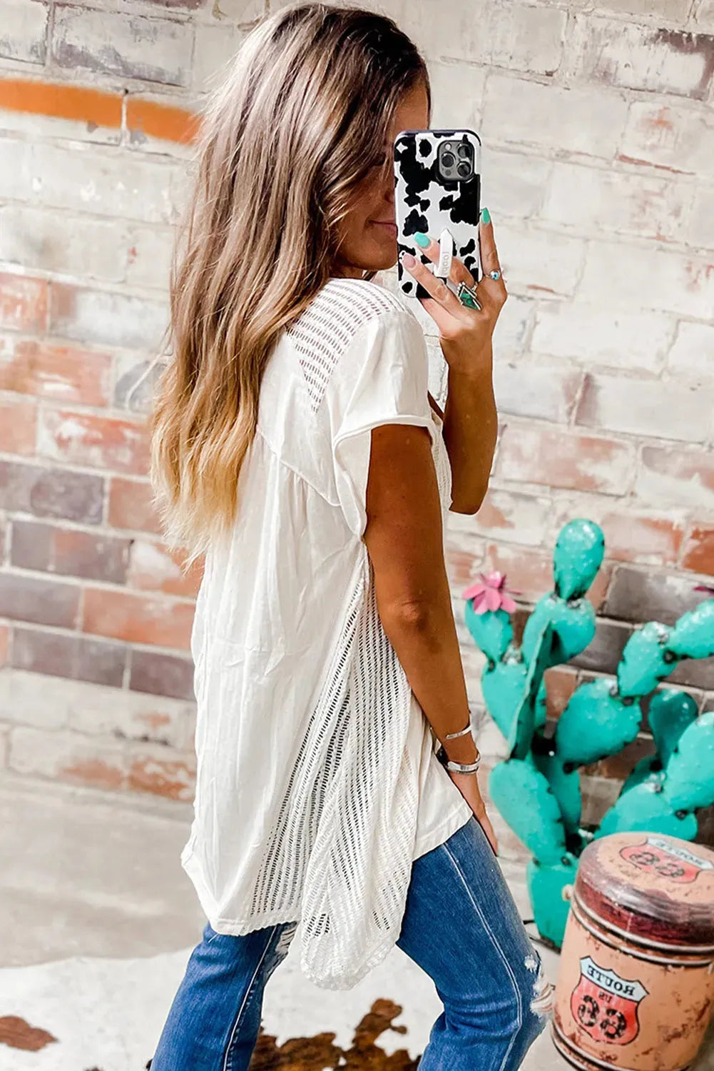White Hollow Knit Splicing Keyhole Back Tunic Top - Fashionfitz