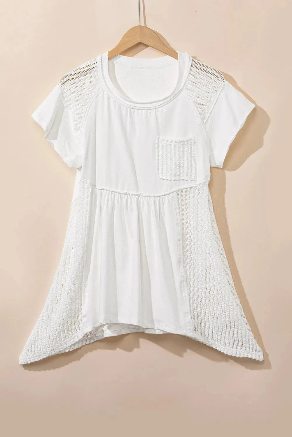 White Hollow Knit Splicing Keyhole Back Tunic Top - Fashionfitz