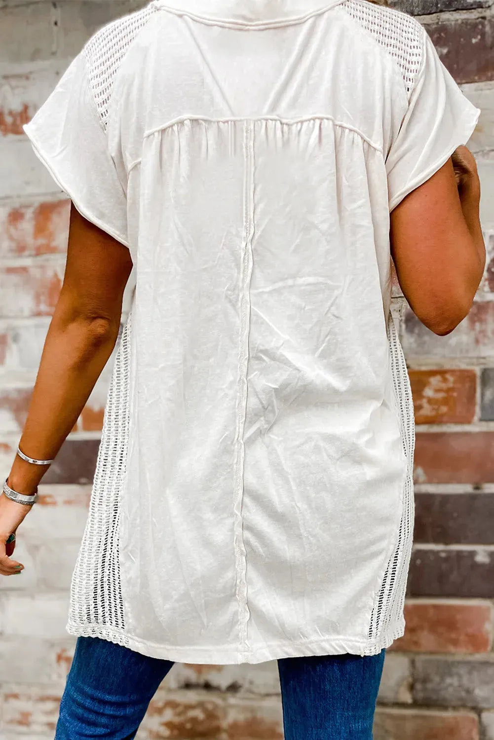 White Hollow Knit Splicing Keyhole Back Tunic Top - Fashionfitz