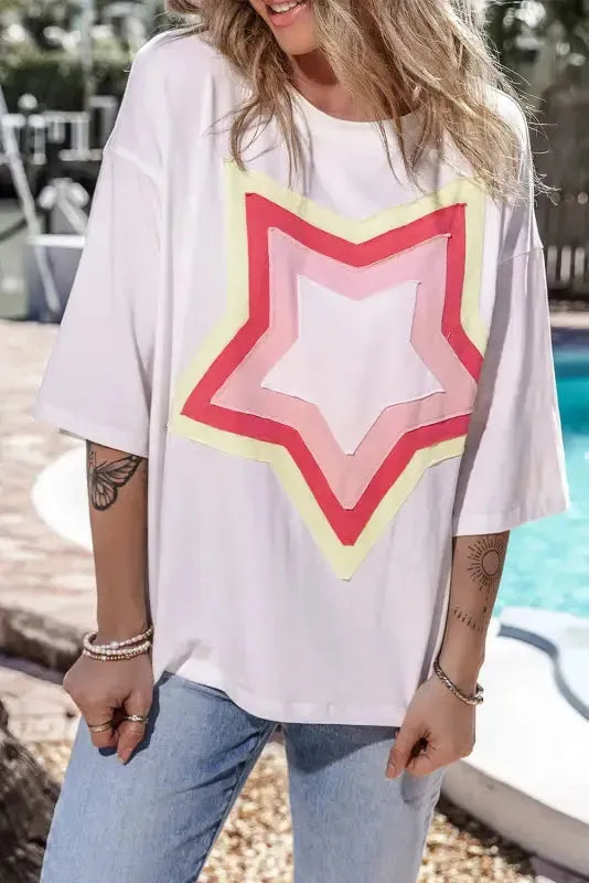 White Colorblock Star Patched Half Sleeve Oversized Tee - Fashionfitz