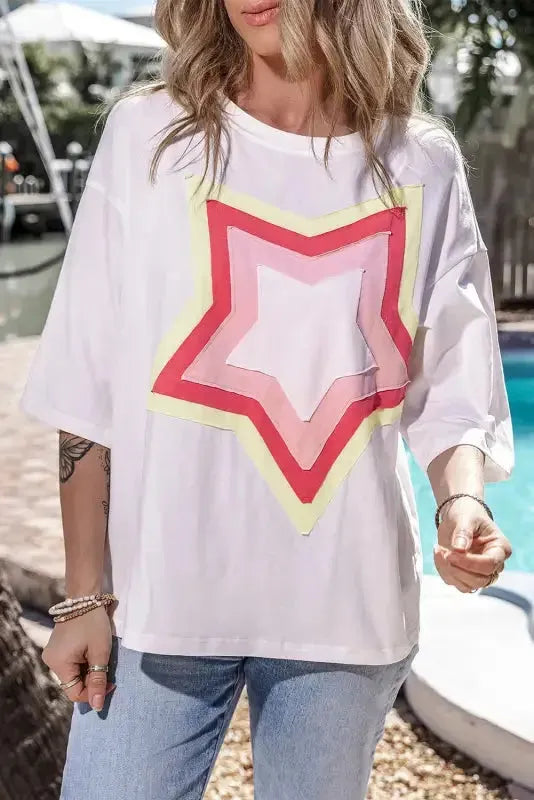 White Colorblock Star Patched Half Sleeve Oversized Tee - Fashionfitz