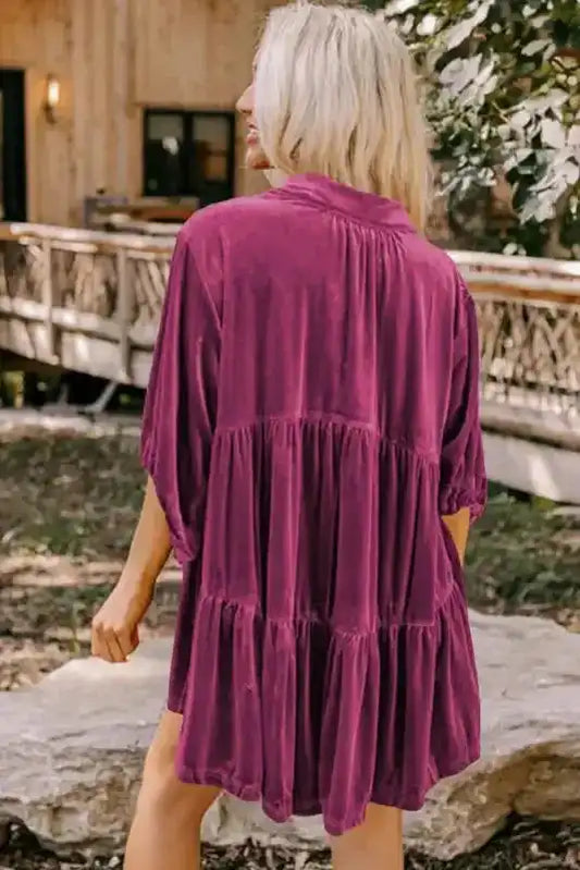 Back view of Velvet Babydoll Tunic Shirt showcasing tiered design and loose fit in soft velvet fabric for a Southern Belle style.