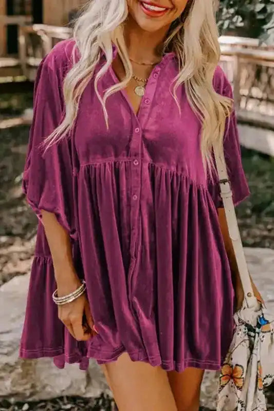 Shop Velvet Tunic Babydoll Shirt in rich pink velvet with button-down front and A-line silhouette, perfect for fall daily wear.