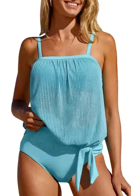 Turquoise Striped Mesh Tankini Swimsuit - Fashionfitz