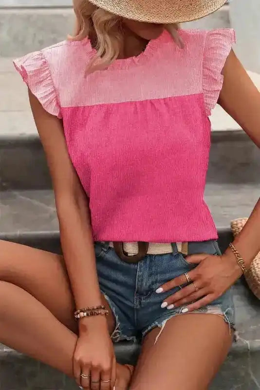Two Tone Blouse - Ruffled Flutter Sleeve - Fashionfitz