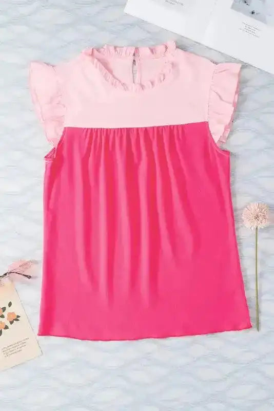 Two Tone Ruffled Flutter Sleeve Blouse - Fashionfitz