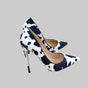 Urban Artistry Stilettos – Black & White Graffiti Heels from FashionFitz with bold abstract print and pointed toe design on faux fur texture.
