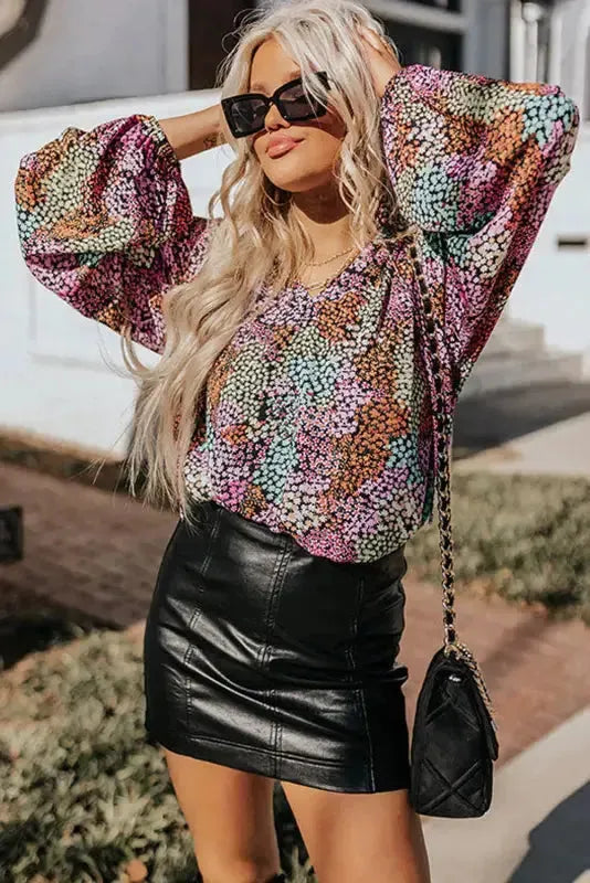 Vibrant Floral Puff Sleeve Blouse - Fashionfitz