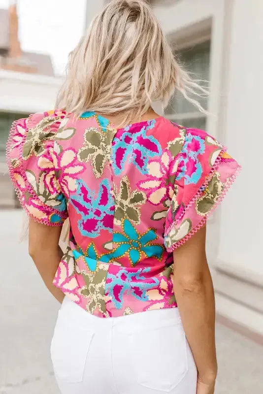 Vibrant Floral Ruffle Sleeve Blouse - Fashionfitz