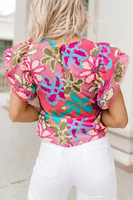 Vibrant Floral Ruffle Sleeve Blouse - Fashionfitz