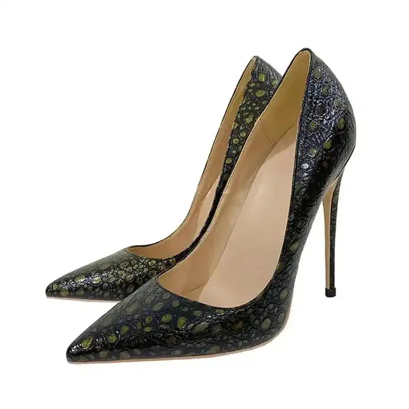 Side angle of snake-effect stiletto heels featuring glossy retro texture and slim high heel, perfect for weddings, office, or evening events.