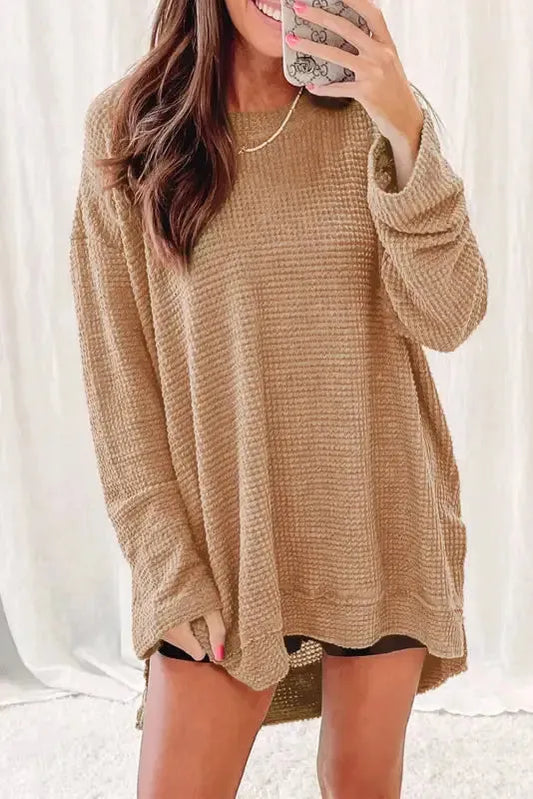 Waffle Knit High Slits Oversized Top - Fashionfitz