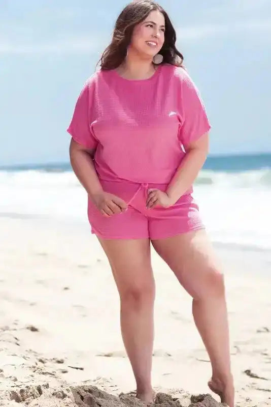 Waffle Knit Two Piece Set - Pink Plus Size - Fashionfitz