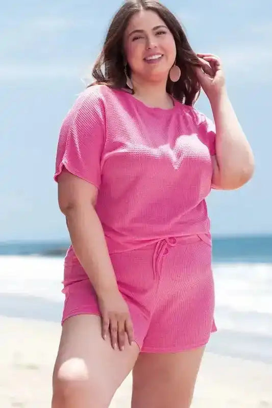 Waffle Knit Two Piece Set - Pink Plus Size - Fashionfitz