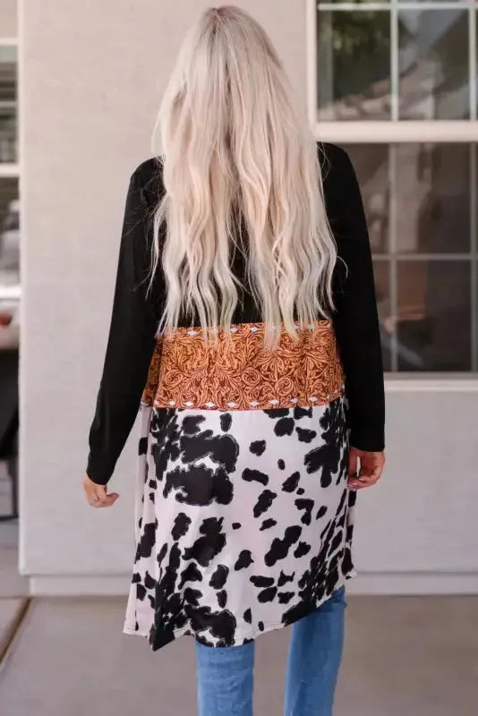 Cow print patchwork duster cardigan back view — Fashionfitz UK