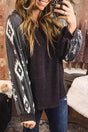 Western Print Patch Long Sleeve Top in charcoal with Aztec print puff sleeves, styled casually with jeans for a cozy winter look.