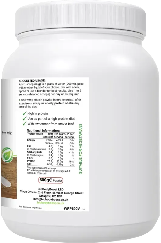 Back label of WheyPro Vanilla showing protein content, amino acid profile and nutritional information per serving