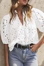 White Puff Sleeve Cutwork Embroidered Blouse Women UK — front view showing floral cutwork embroidery on puff sleeves — Fashionfitz