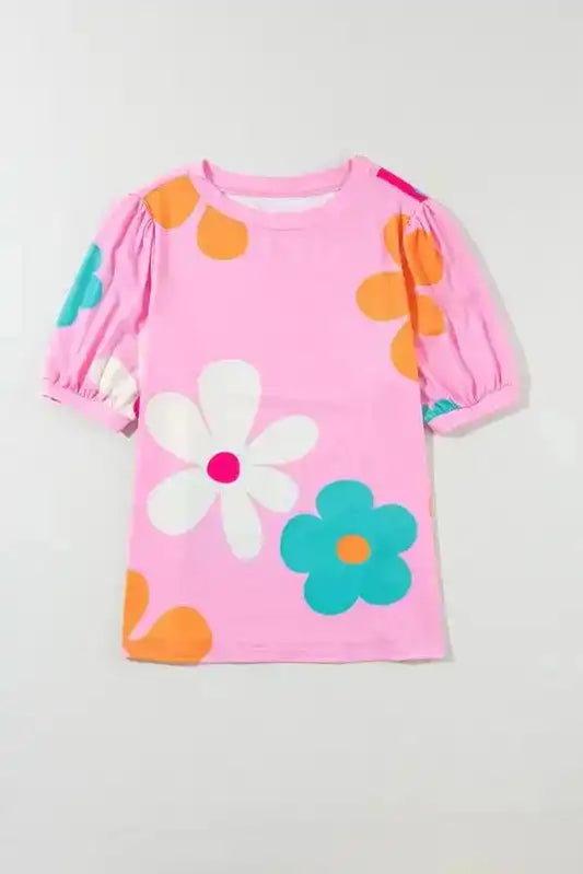 Women's floral bubble sleeve tee in pink, apricot, and black – short puff sleeves, round neckline, stretchable summer top.