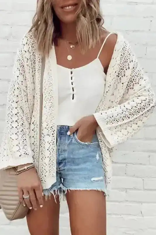 White Cardigan - Stylish Hollow Out Knit Drop Shoulder - Fashionfitz