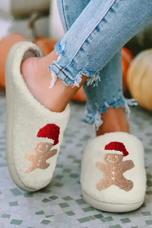 White Christmas Gingerbread Man Plush Home Slippers - Fashionfitz