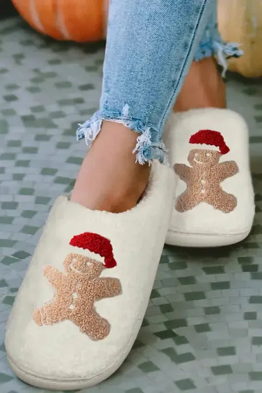 White Christmas Gingerbread Man Plush Home Slippers - Fashionfitz