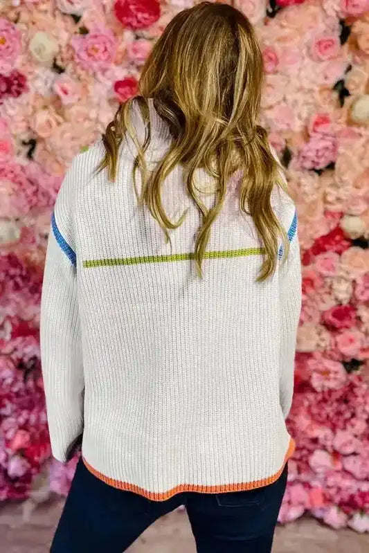 Back view of White Colorful Edge Quarter Zip Sweater showing ribbed knit texture and colorful trim details on sleeves and hem.