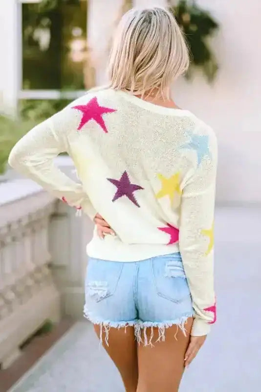 White Colorful Star Pattern Loose Sweater - Fashionfitz