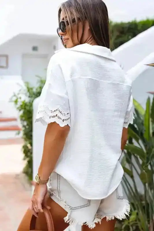 White Crinkled Lace Blouse - Fashionfitz
