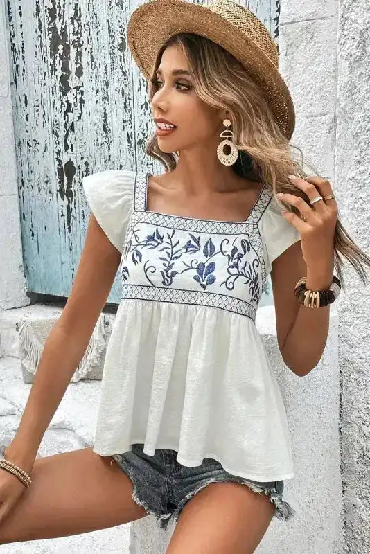 White Embroidered Bust Square Neck Peplum Blouse - Fashionfitz
