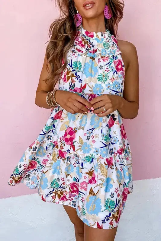 White Floral Dress - Frill Mock Neck Sleeveless Tiered - Fashionfitz