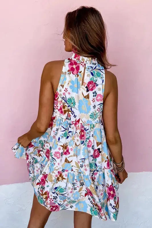 White Floral Dress - Frill Mock Neck Sleeveless Tiered - Fashionfitz