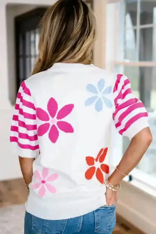 White floral knit T-shirt back view — Fashionfitz UK