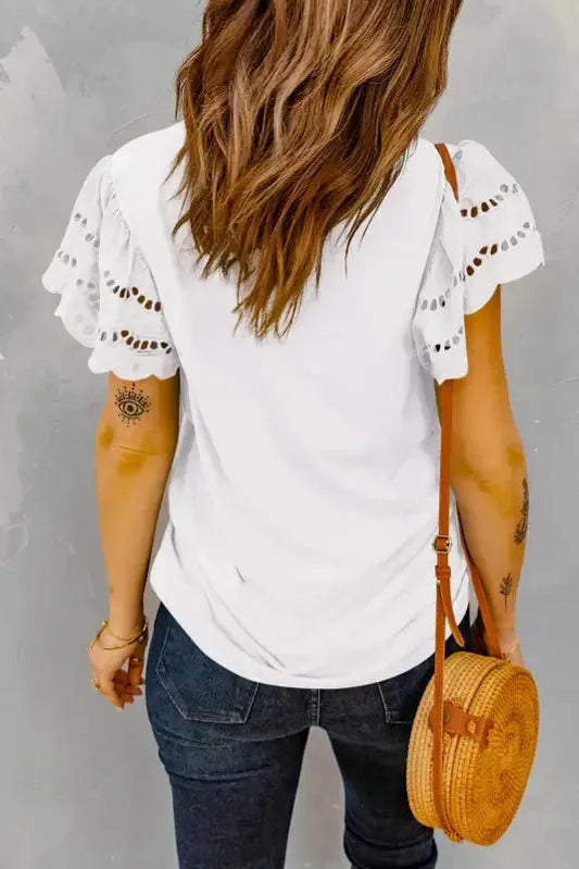 White Hollow Out Ruffle Sleeve T-shirt - Fashionfitz