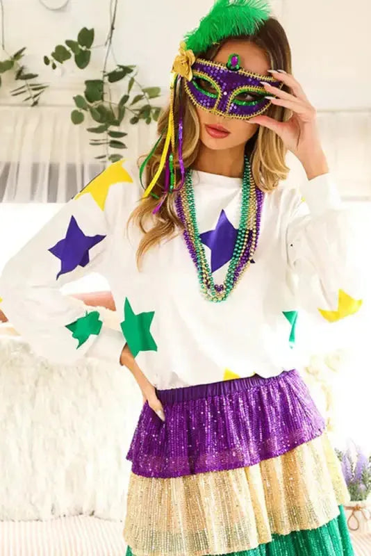 White Mardi Gras Star Printed Long Sleeve Top - Fashionfitz