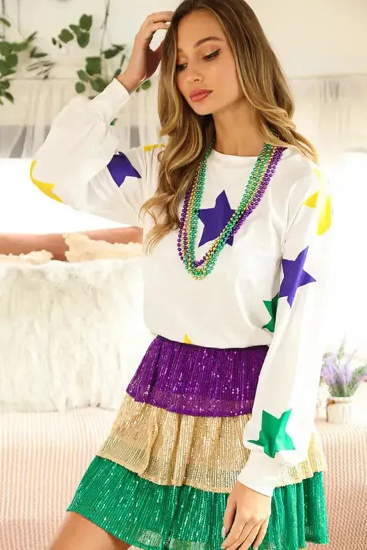 White Mardi Gras Star Printed Long Sleeve Top - Fashionfitz