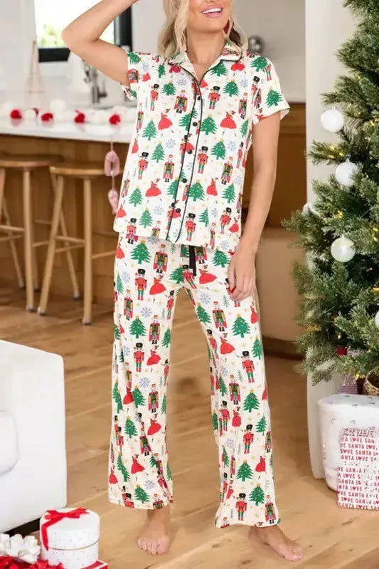 White Printed Christmas Pattern Buttoned Two Piece Sleepwear - Fashionfitz