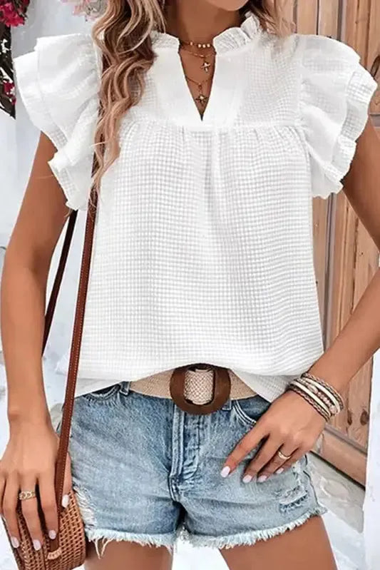 White Ruffle Accent Flutter Sleeve Notch Neck Top - Fashionfitz