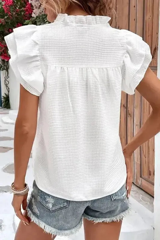 White Ruffle Accent Flutter Sleeve Notch Neck Top - Fashionfitz