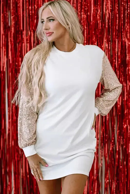 White Sequin Puff Sleeve Shift Mini Dress - Fashionfitz