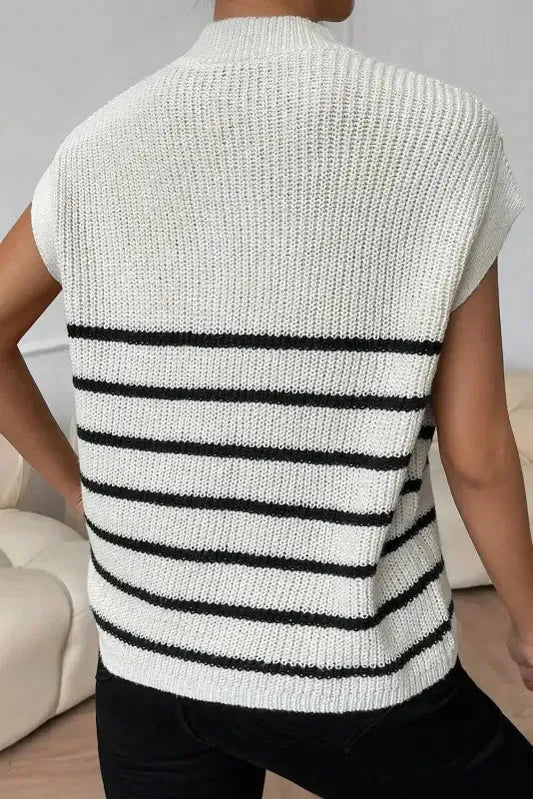 White Stripe Half Zip Split Stand Neck Sweater T-shirt - Fashionfitz