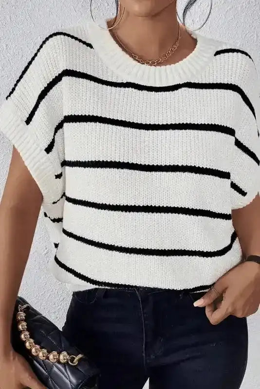 White Stripe Striped Pattern Batwing Sleeve Sweater - Fashionfitz