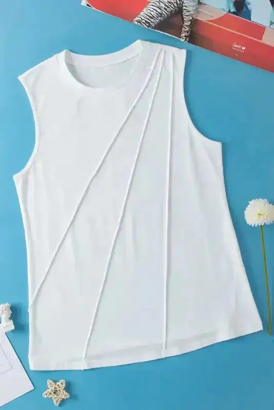 White Tank Top - Crew Neck Pleated - Fashionfitz