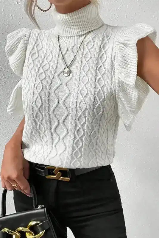 White Turtle Neck Short Sleeve Cable Knit Ruffled Sweater - Fashionfitz