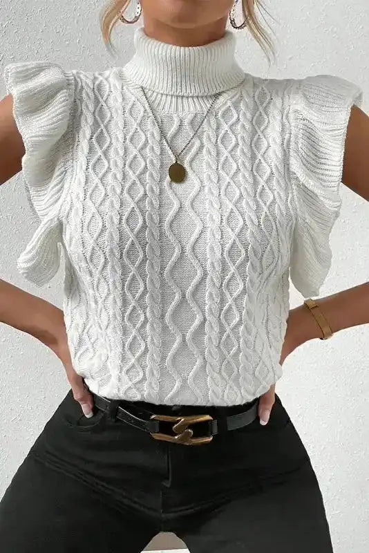 White Turtle Neck Short Sleeve Cable Knit Ruffled Sweater - Fashionfitz
